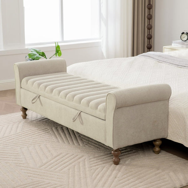English Elm 65.55" Wide Greige Napped Fabric Storage Bench with Lift Top and Walnut Rubberwood Legs W3098P397305