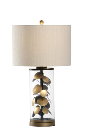 Wildwood Circle Sculptural Table Lamp With Hammered Glass, Antique Brass Discs & Raw Silk Shade For Ambient Glow 61156