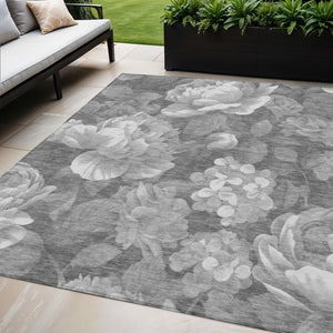 HomeRoots 5' Indoor Outdoor Floral Area Rug - Stylish, Washable, Stain-Resistant Design for Any Space Gray 5' x 7'6" 611562