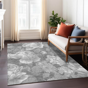 HomeRoots 5' Indoor Outdoor Floral Area Rug - Stylish, Washable, Stain-Resistant Design for Any Space Gray 5' x 7'6" 611562