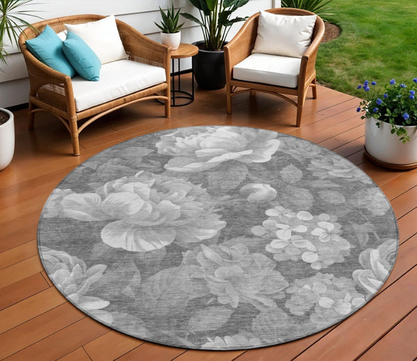 HomeRoots 5' Indoor Outdoor Floral Area Rug - Stylish, Washable, Stain-Resistant Design for Any Space Gray 8' x 8' 611563