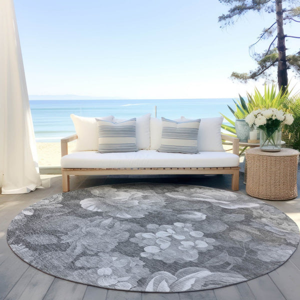 HomeRoots 5' Indoor Outdoor Floral Area Rug - Stylish, Washable, Stain-Resistant Design for Any Space Gray 8' x 8' 611563