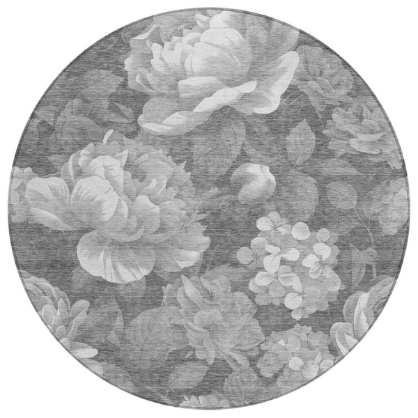 HomeRoots 5' Indoor Outdoor Floral Area Rug - Stylish, Washable, Stain-Resistant Design for Any Space Gray 8' x 8' 611563