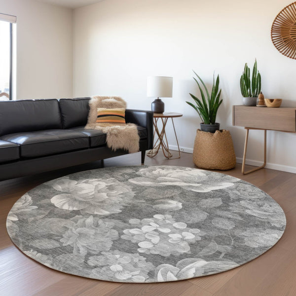HomeRoots 5' Indoor Outdoor Floral Area Rug - Stylish, Washable, Stain-Resistant Design for Any Space Gray 8' x 8' 611563