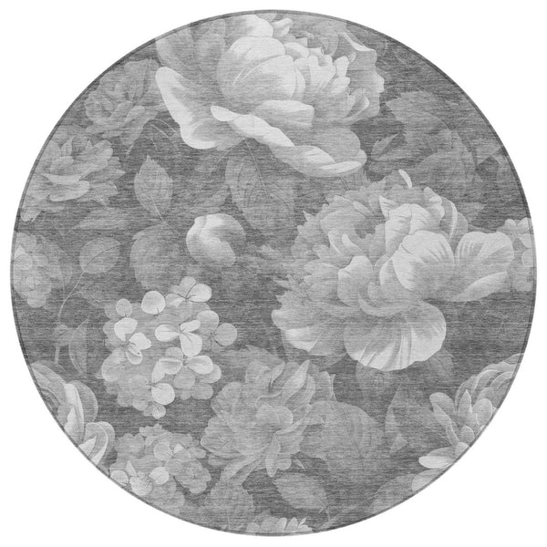 HomeRoots 5' Indoor Outdoor Floral Area Rug - Stylish, Washable, Stain-Resistant Design for Any Space Gray 8' x 8' 611563