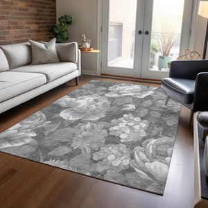 HomeRoots 5' Indoor Outdoor Floral Area Rug - Stylish, Washable, Stain-Resistant Design for Any Space Gray 10' x 14' 611566