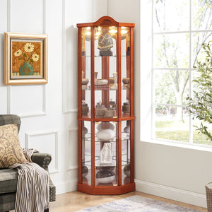 English Elm Lighted Corner Curio Cabinet With Adjustable Glass Shelves And Elegant Oak Finish For Home Or Office W1758P300135