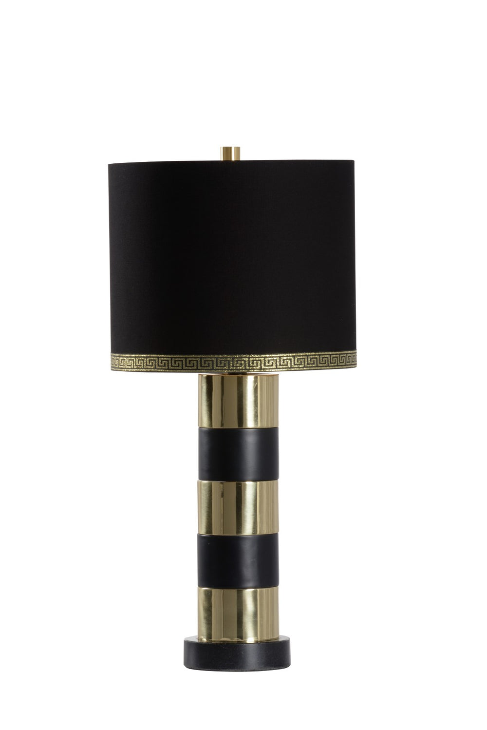 Wildwood Column Sculptural Table Lamp — Polished Brass & Black Metal Column, Black Drum Shade With Gold Greek Key Trim For Modern Ambient Lighting (25" H) 61161
