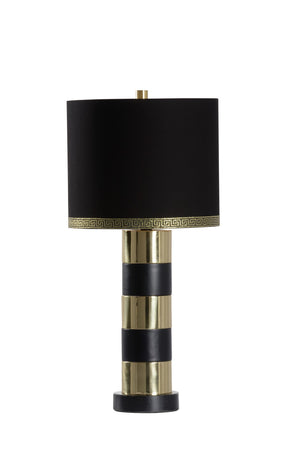Wildwood Column Sculptural Table Lamp — Polished Brass & Black Metal Column, Black Drum Shade With Gold Greek Key Trim For Modern Ambient Lighting (25" H) 61161
