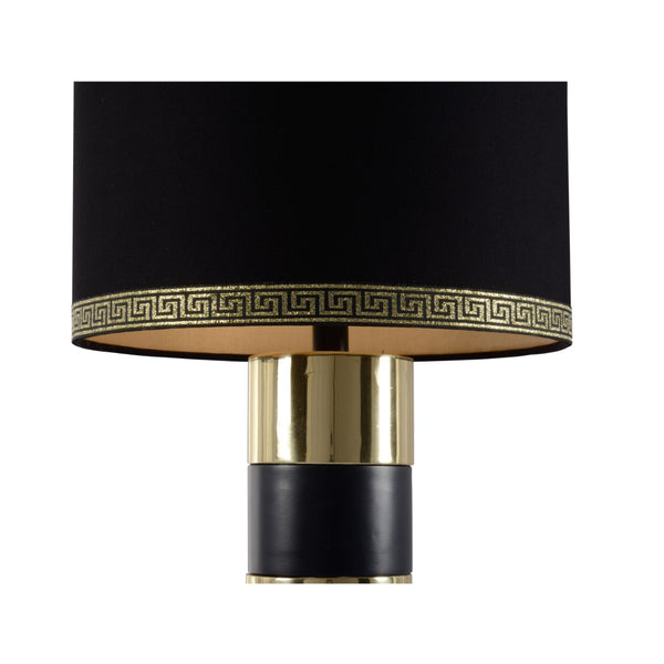 Wildwood Column Sculptural Table Lamp — Polished Brass & Black Metal Column, Black Drum Shade With Gold Greek Key Trim For Modern Ambient Lighting (25" H) 61161