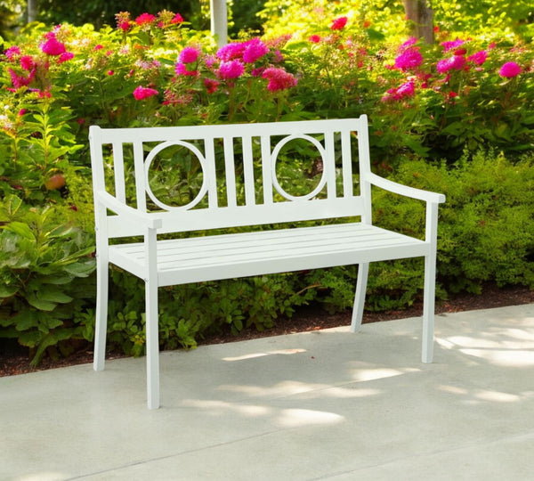 Homeroots 45" White Metal Geometric Patio Bench - Stylish Outdoor Seating For Garden, Porch, Or Deck Comfort  Steel 611610