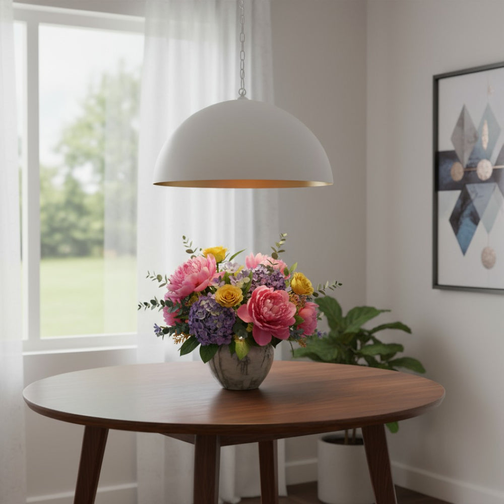 HomeRoots White Dimmable Metal Ceiling Light Fixture – Modern Dome Shade for Stylish Ambient Illumination 611619