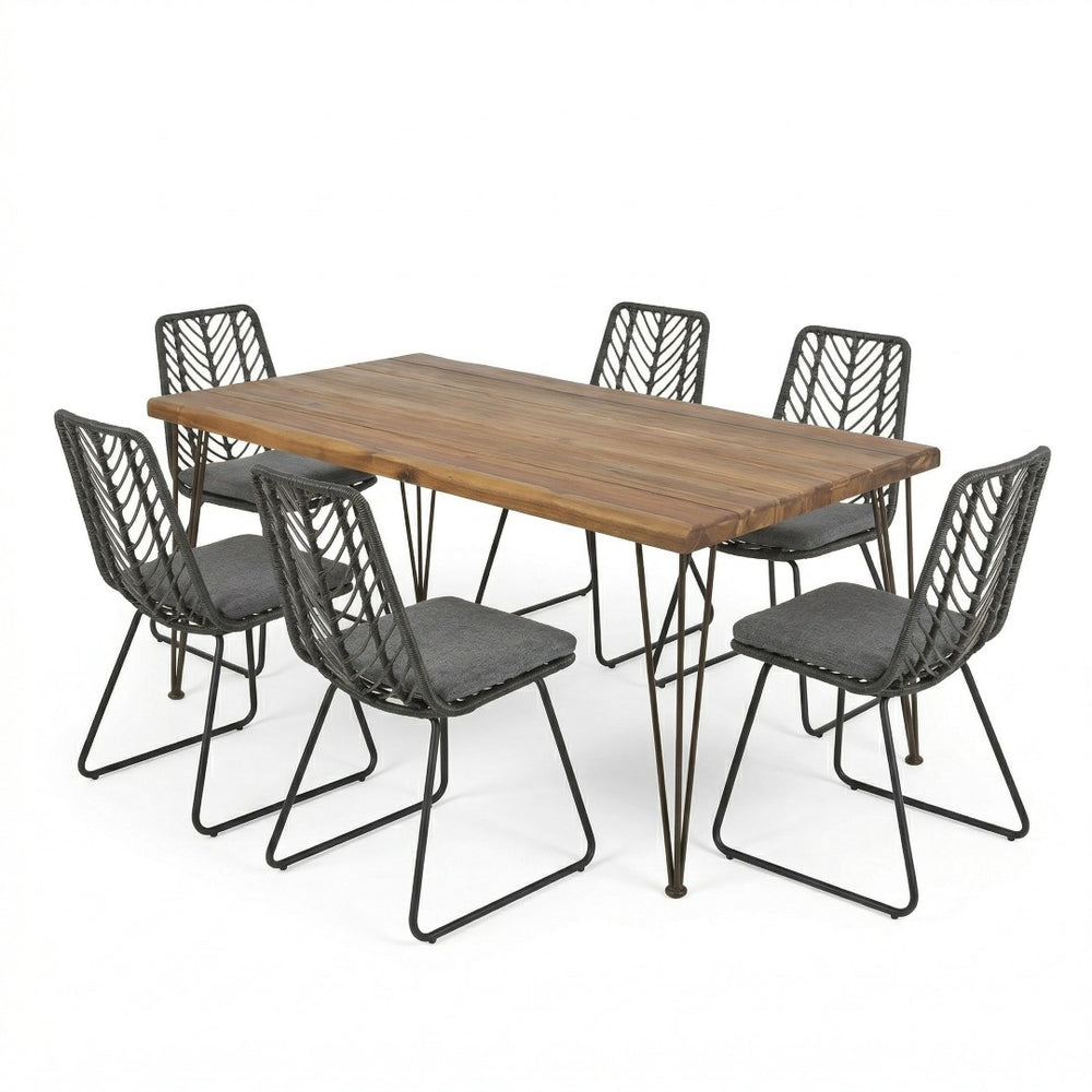English Elm 7 Piece Outdoor Dining Set Acacia Wood Top Iron Hairpin Legs Pe Rattan Chairs Patio N762S000022AAE
