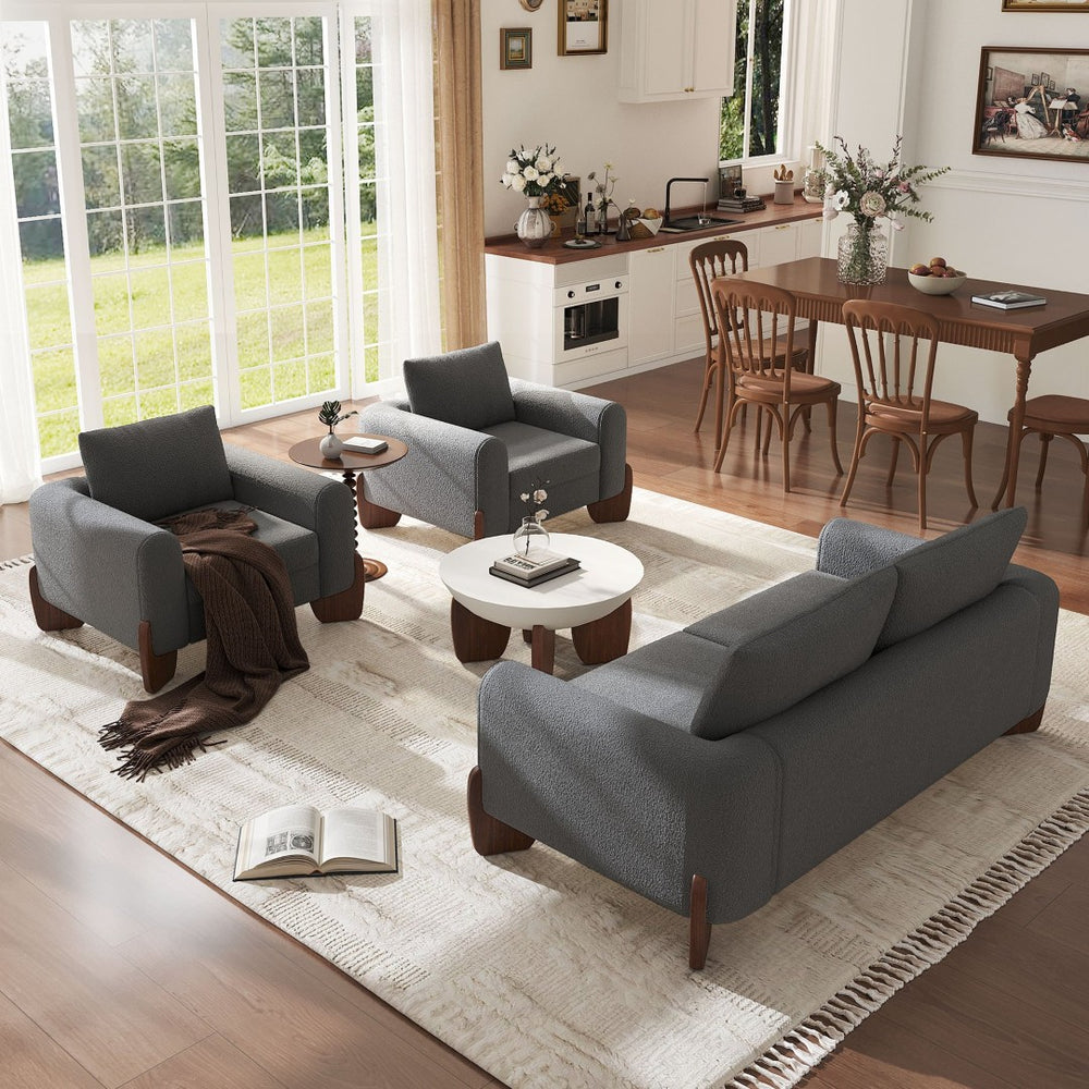 English Elm U_style Bouclé 3 Piece Living Room Sofa Set with Loveseat and Two Accent Armchairs Grey WY000479AAE