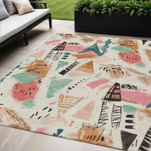 HomeRoots 5' Modern Abstract Washable Area Rug in Blush and Teal Blue for Indoor and Outdoor Spaces Ivory 5' x 7'6" 611665