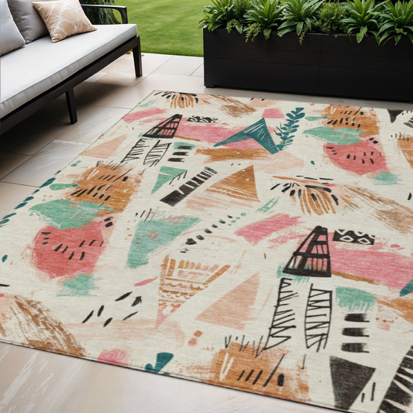 HomeRoots 5' Modern Abstract Washable Area Rug in Blush and Teal Blue for Indoor and Outdoor Spaces Ivory 5' x 7'6" 611665