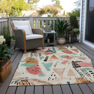 HomeRoots 5' Modern Abstract Washable Area Rug in Blush and Teal Blue for Indoor and Outdoor Spaces Ivory 5' x 7'6" 611665