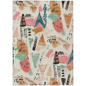 HomeRoots 5' Modern Abstract Washable Area Rug in Blush and Teal Blue for Indoor and Outdoor Spaces Ivory 5' x 7'6" 611665