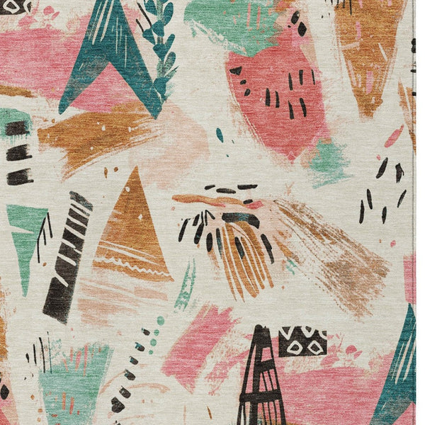 HomeRoots 5' Modern Abstract Washable Area Rug in Blush and Teal Blue for Indoor and Outdoor Spaces Ivory 5' x 7'6" 611665