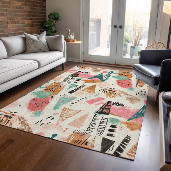 HomeRoots 5' Modern Abstract Washable Area Rug in Blush and Teal Blue for Indoor and Outdoor Spaces Ivory 5' x 7'6" 611665
