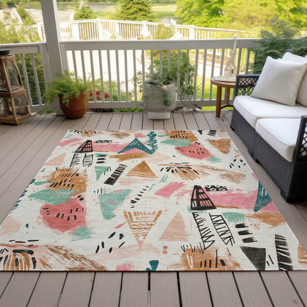 HomeRoots 5' Modern Abstract Washable Area Rug in Blush and Teal Blue for Indoor and Outdoor Spaces Ivory 5' x 7'6" 611665