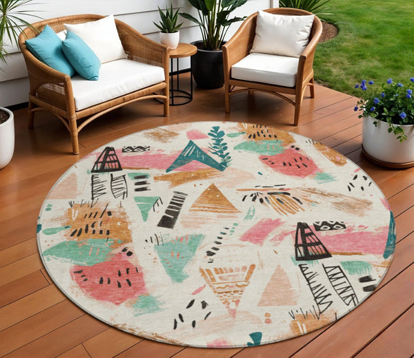 HomeRoots 5' Modern Abstract Washable Area Rug in Blush and Teal Blue for Indoor and Outdoor Spaces Ivory 8' x 8' 611666