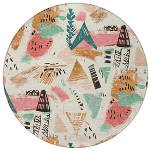 HomeRoots 5' Modern Abstract Washable Area Rug in Blush and Teal Blue for Indoor and Outdoor Spaces Ivory 8' x 8' 611666
