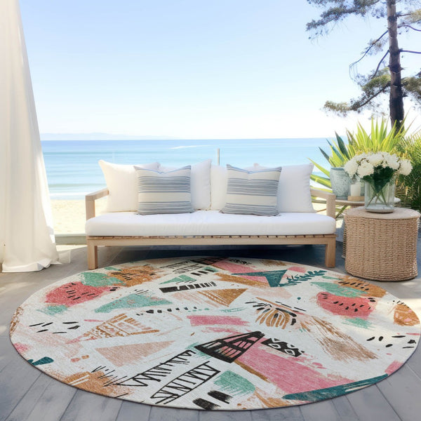 HomeRoots 5' Modern Abstract Washable Area Rug in Blush and Teal Blue for Indoor and Outdoor Spaces Ivory 8' x 8' 611666