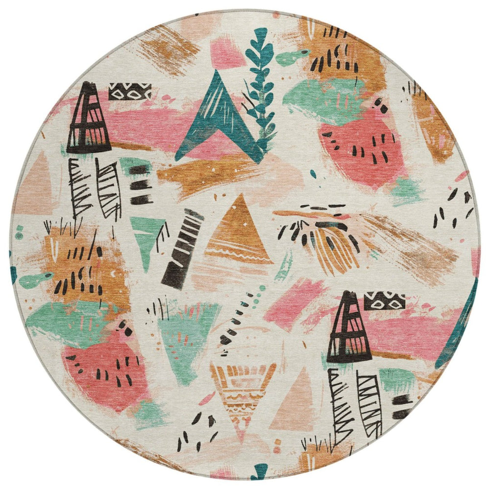 HomeRoots 5' Modern Abstract Washable Area Rug in Blush and Teal Blue for Indoor and Outdoor Spaces Ivory 8' x 8' 611666