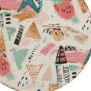 HomeRoots 5' Modern Abstract Washable Area Rug in Blush and Teal Blue for Indoor and Outdoor Spaces Ivory 8' x 8' 611666