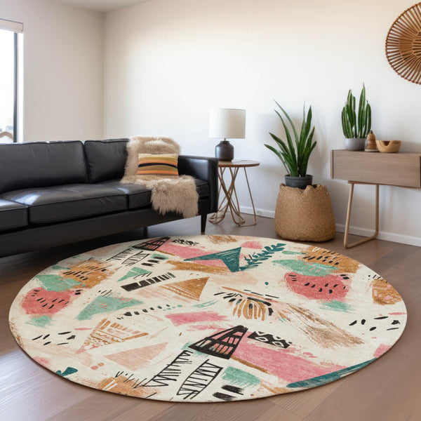 HomeRoots 5' Modern Abstract Washable Area Rug in Blush and Teal Blue for Indoor and Outdoor Spaces Ivory 8' x 8' 611666