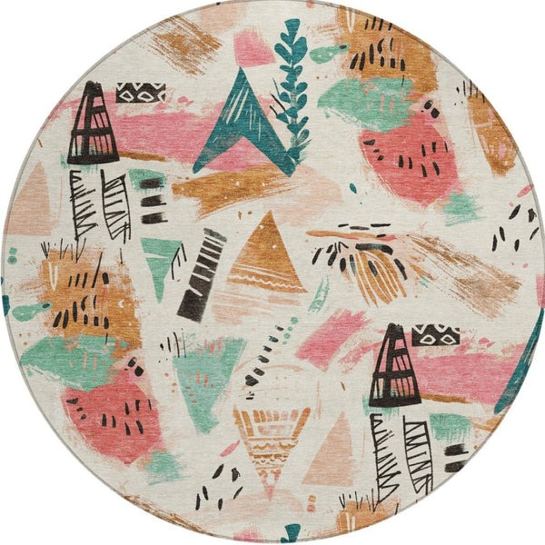 HomeRoots 5' Modern Abstract Washable Area Rug in Blush and Teal Blue for Indoor and Outdoor Spaces Ivory 8' x 8' 611666