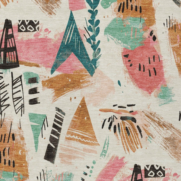 HomeRoots 5' Modern Abstract Washable Area Rug in Blush and Teal Blue for Indoor and Outdoor Spaces Ivory 8' x 10' 611667