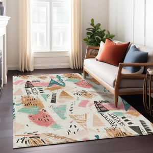 HomeRoots 5' Modern Abstract Washable Area Rug in Blush and Teal Blue for Indoor and Outdoor Spaces Ivory 8' x 10' 611667