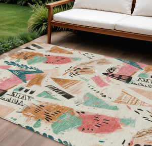 HomeRoots 5' Modern Abstract Washable Area Rug in Blush and Teal Blue for Indoor and Outdoor Spaces Ivory 9' x 12' 611668