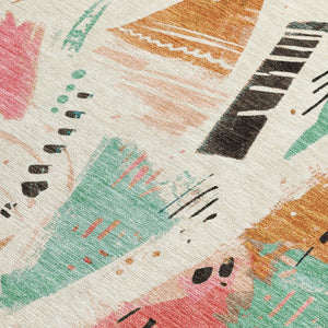 HomeRoots 5' Modern Abstract Washable Area Rug in Blush and Teal Blue for Indoor and Outdoor Spaces Ivory 9' x 12' 611668