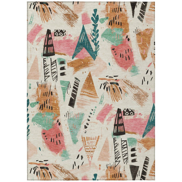 HomeRoots 5' Modern Abstract Washable Area Rug in Blush and Teal Blue for Indoor and Outdoor Spaces Ivory 10' x 14' 611669