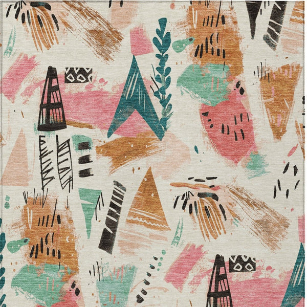 HomeRoots 5' Modern Abstract Washable Area Rug in Blush and Teal Blue for Indoor and Outdoor Spaces Ivory 10' x 14' 611669