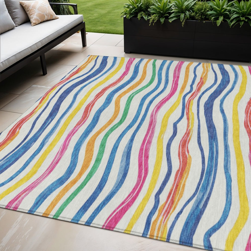 HomeRoots 5' Colorful Striped Washable Area Rug - Durable Indoor Outdoor Comfort for Homes with Kids & Pets Ivory 5' x 7'6" 611713