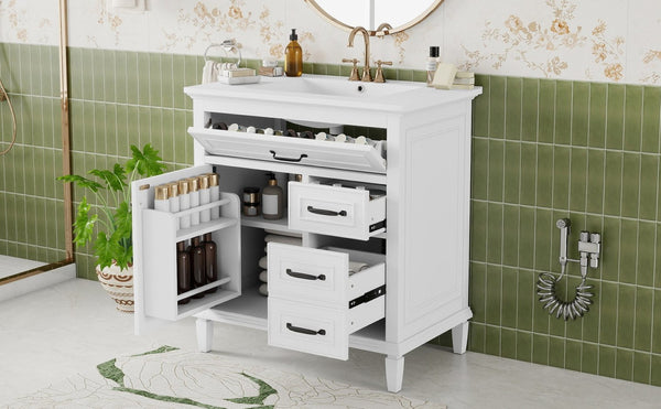 English Elm 30 Inch Freestanding Bathroom Vanity Solid Pine Cabinet Ceramic Sink Top Storage White N725P412782K