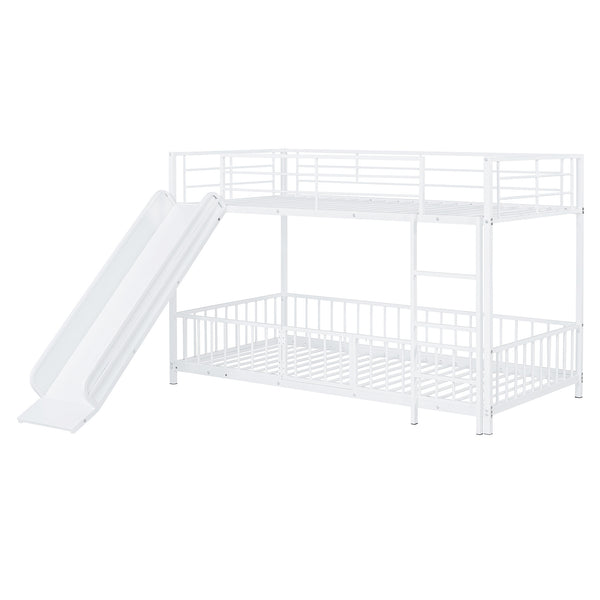 English Elm Twin Twin over Twin metal bunk bed with slide, guardrails and convertible loft design for safety and playfulness White SF000169AAK