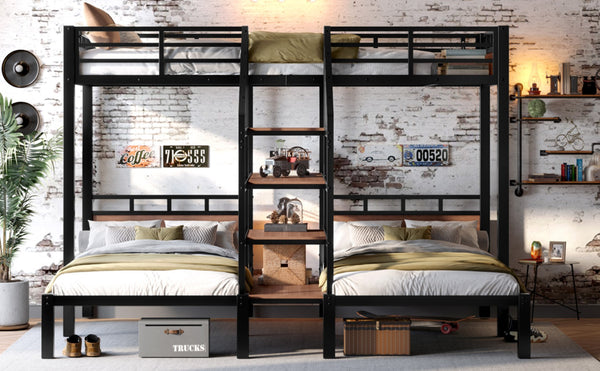 English Elm Twin Metal Bunk Bed - Triple Space-Saving Design With Storage Shelves & Stairs, Modern Black Finish W1580S00209-GIGA