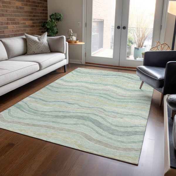 HomeRoots 5' Sage and Taupe Striped Washable Area Rug - Durable Indoor/Outdoor Design for High-Traffic Spaces 611737