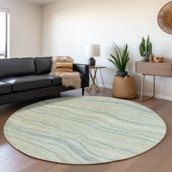 HomeRoots 8' Sage and Taupe Round Striped Area Rug – Stylish, Washable, Indoor/Outdoor Decor for Any Space! 611738