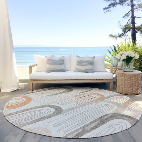 HomeRoots 8' Ivory and Taupe Round Geometric Area Rug - Stylish, Washable, Durable for Indoor and Outdoor Use 611762