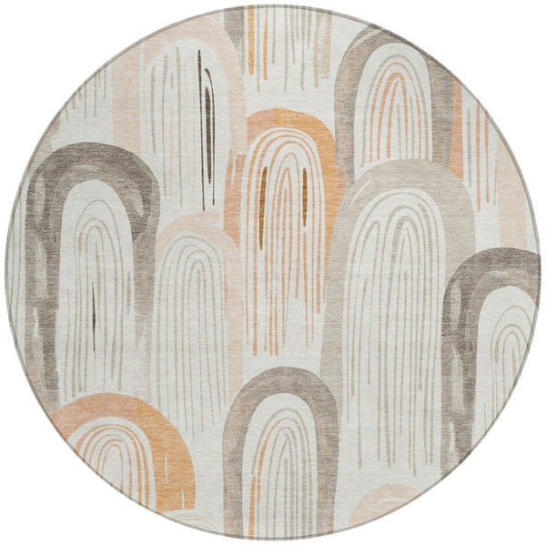HomeRoots 8' Ivory and Taupe Round Geometric Area Rug - Stylish, Washable, Durable for Indoor and Outdoor Use 611762