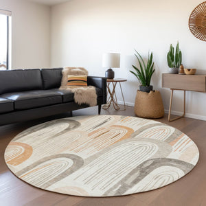 HomeRoots 8' Ivory and Taupe Round Geometric Area Rug - Stylish, Washable, Durable for Indoor and Outdoor Use 611762