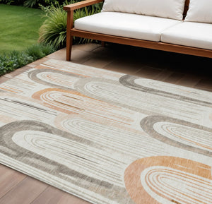 HomeRoots 9' X 12' Ivory and Taupe Geometric Area Rug - Washable, Stain-Resistant for Indoor/Outdoor Use! 611764
