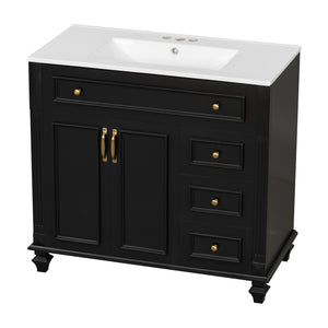 English Elm 36" Modern Bathroom Vanity with Ceramic Sink, Gold Handles, Flip-Out Drawer & Soft-Close Doors Black N725P283623B