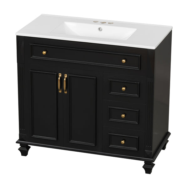 English Elm 36" Modern Bathroom Vanity with Ceramic Sink, Gold Handles, Flip-Out Drawer & Soft-Close Doors Black N725P283623B